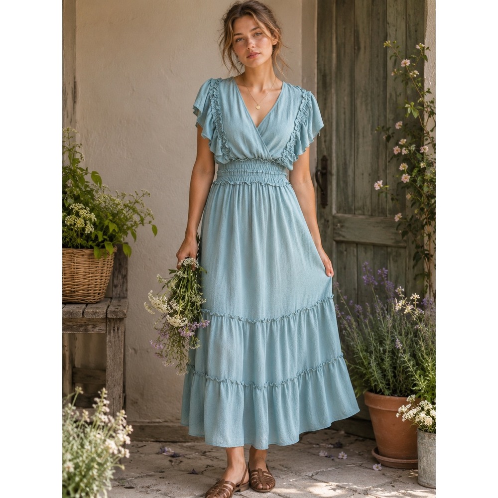 Max Studio London Maxi Dress Womens M Blue Ruffle Smocked Tiered Boho V-Neck